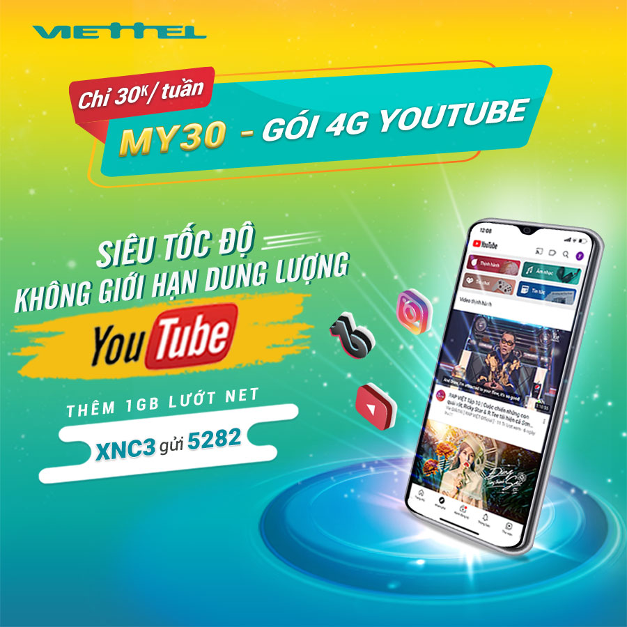 Đăng ký gói 4G YouTube tuần của Viettel giá 30K/7 ngày