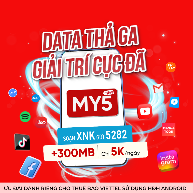 Gói cước Data MY5 Viettel – Trải nghiệm DATA không giới hạn với Facebook, Messenger, Instagram, Youtube, TikTok… 1 MY5 2